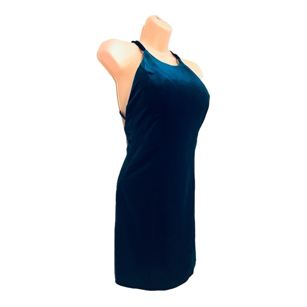 DEAR MOON Velvet Teal Blue Stretch Strappy Cocktail Party Prom Short Mini Dress - Picture 4 of 14